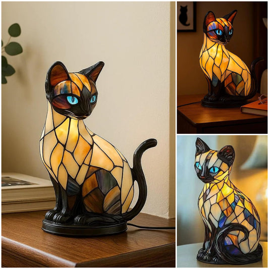🐱Lampă de masă în formă de pisică, lumină de noapte retro, realizată din rășină colorată cu model de pisică