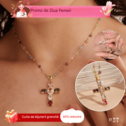 👍🥰🥰Promoție - Reducere 50% - Colier cruce cu zirconiu cubic colorat - Vine cu o cutie frumoasă de bijuterii
