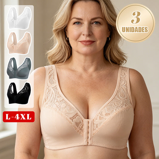 💖Cel mai mic preț de până acum! 【Set 3 piese】【Mărimi L-4XL】😍🩲 Sutien push-up mărime plus: dantelă rafinată, design push-up, cu cupe și închidere frontală.