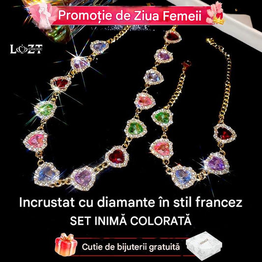 💖(brățară și colier) Set colorat în formă de inimă, cu accente de diamante în stil francez