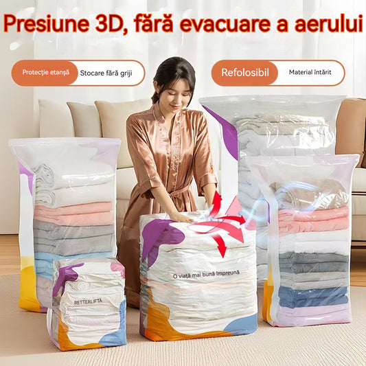 🧳【Set de 5 bucăți】💨 Pungă de depozitare vidată mare și compresibilă: nu necesită pompă, etanșă la scurgeri, ideală pentru economisirea spațiului în valize și acasă ✈️