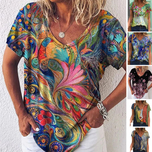 🔥🥰【S-5XL 】Cămașă de vară cu decolteu în V cu imprimeu abstract pentru femei