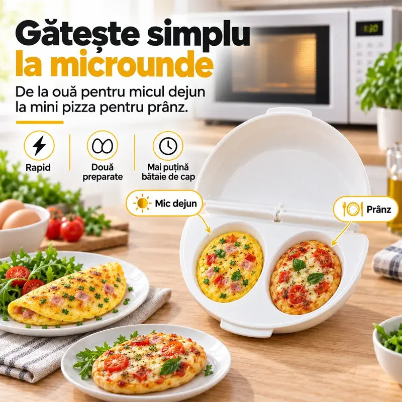 🍳Mic Dejun Perfect în Doar Câteva Minute! Formă pentru Omletă la Cuptorul cu Microunde 🥚 | 2 Compartimente · Material Antiaderent Alimentar · Balamale Detasabile pentru Curățare Ușoară · Preparare Rapidă Fără Ulei
