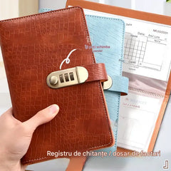 📓💰🔐Un caiet protejat prin parolă este utilizat pentru a stoca cecuri, numerar, carduri bancare și diverse chitanțe.