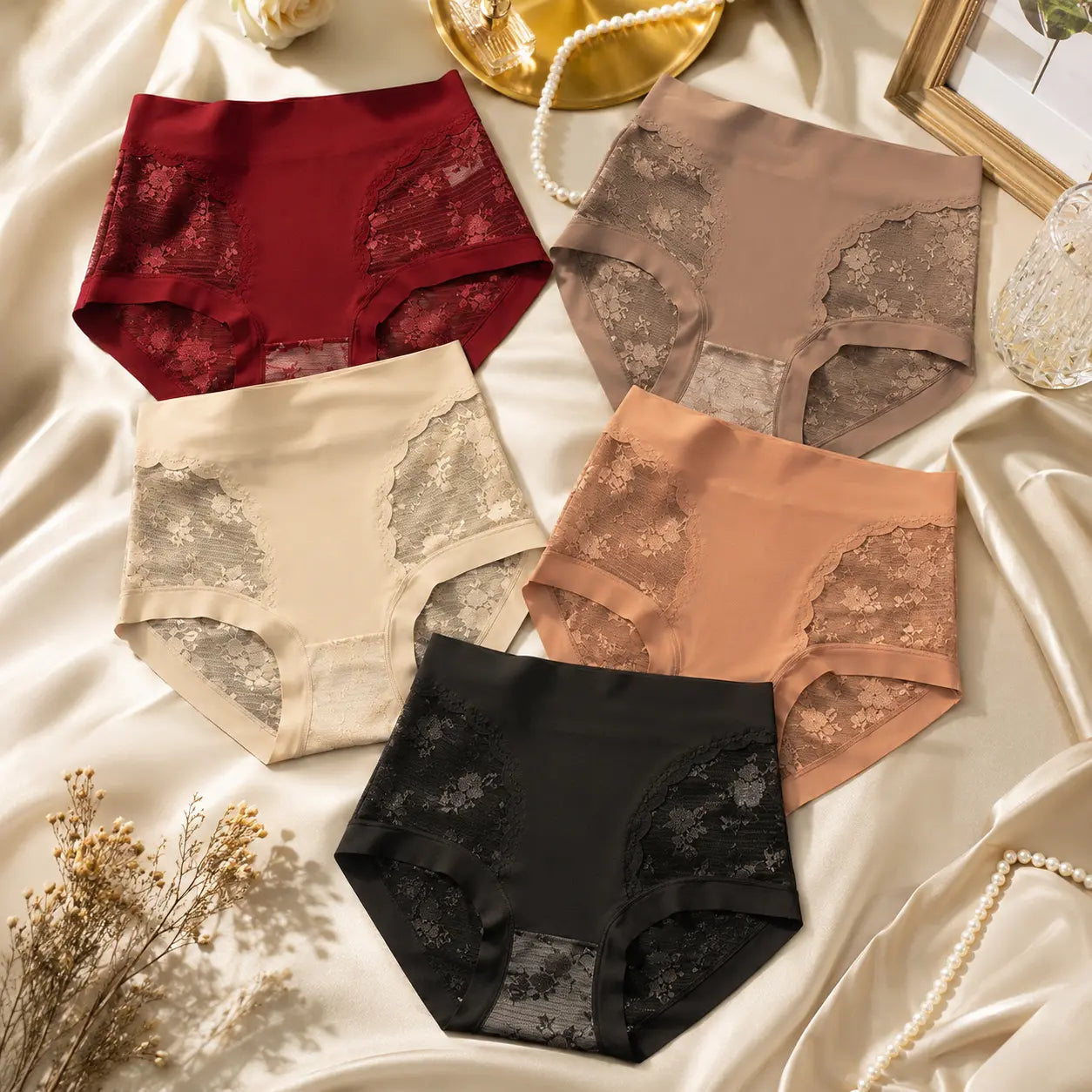【Set de 5 piese】【40-80 kg】Chiloți de damă din dantelă cu elasticitate ridicată, fără cusături, pentru controlul abdomenului, modelarea feselor și ridicarea acestora -- Câte unul din fiecare culoare