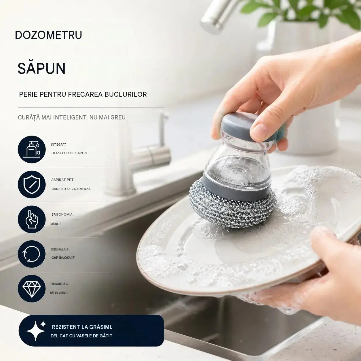 🧽Perie de frecat cu dozator, OFERTĂ LIMITATĂ! 💪 Ideală pentru oale, tigăi și vase. Curățare rapidă și ușoară, fără efort! 🍳