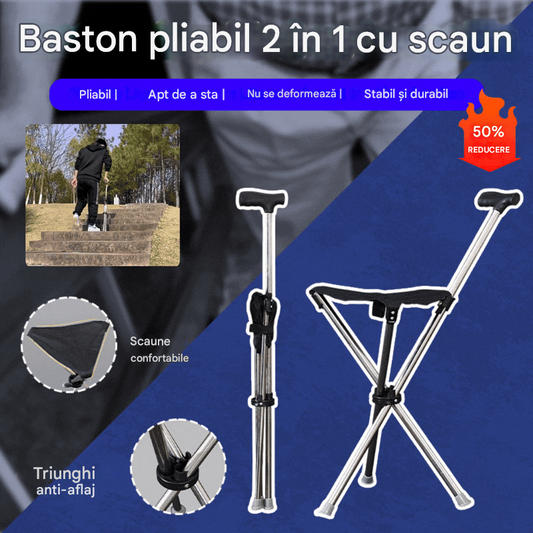✨Baston de mers pliabil 2 în 1 cu scaun, baston anti-cădere, pliabil și portabil✅ Bărț de trekking telescopic