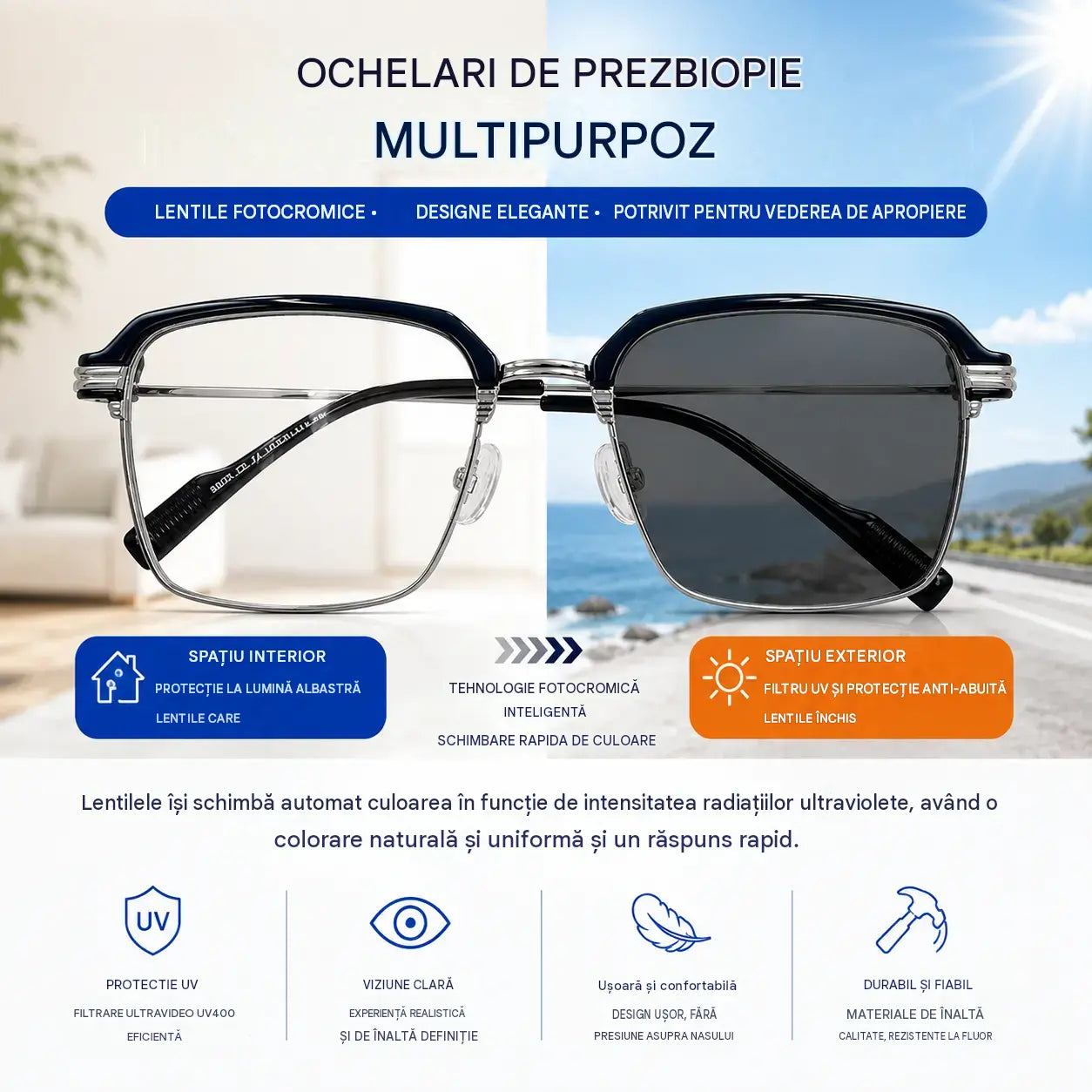 Ochelari de citit fotocromatici cu blocare a luminii albastre, ochelari de citit unisex, ochelari de soare cu protecție solară