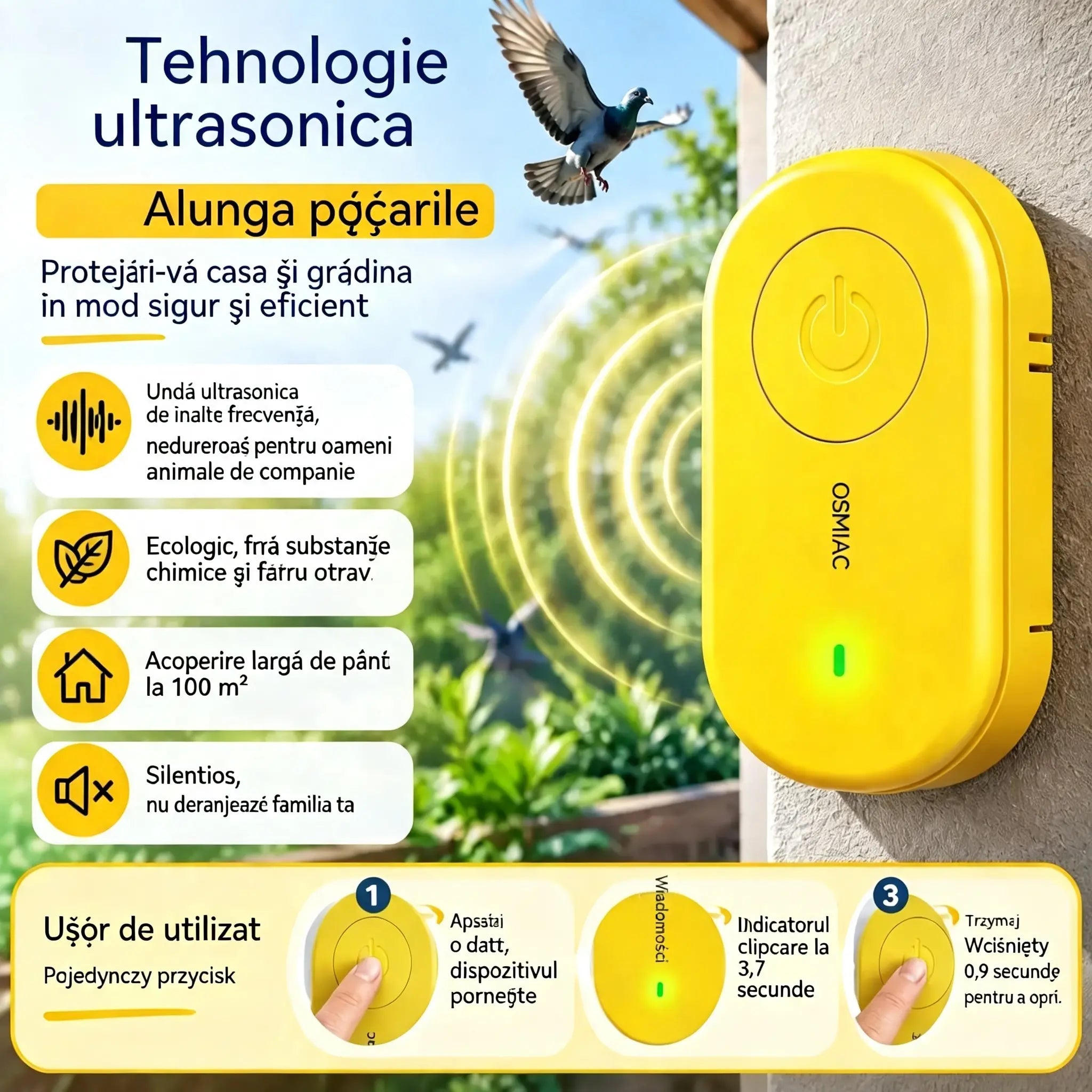 🐦【Cumpărați 1 obțineți 1 gratuit】Repelent cu ultrasunete portabil pentru păsări | Repelent automat pentru porumbei, perfect pentru balcoane, grădini și exterior