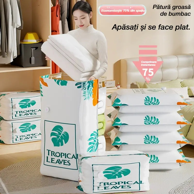 🧳【Set de 5 piese】💨 Geantă mare de depozitare în vid, compresibilă: Nu necesită pompă, etanșă și ideală pentru economisirea spațiului în valize și acasă ✈️