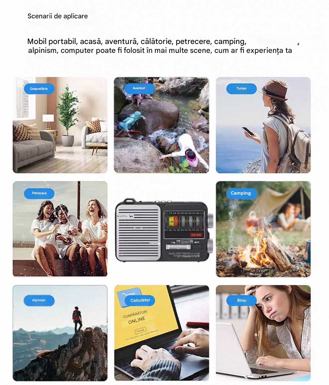 💥🏕️Un radio portabil multifuncțional cu lanternă de urgență, radio AM, hard disk Bluetooth și funcționalitate audio multizonă.