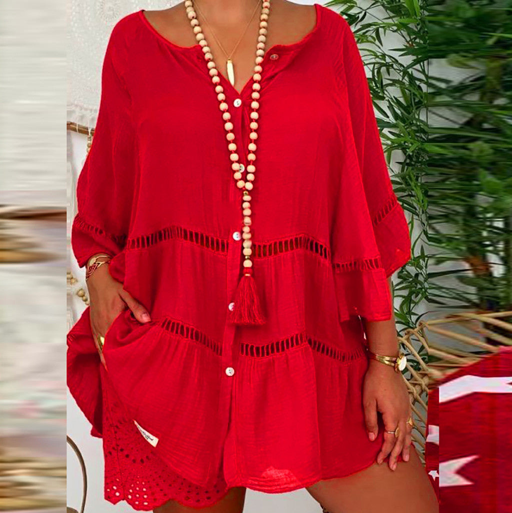 [S-5XL] Bluză de damă din bumbac și in, cu decolteu lejer în V.
