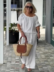 👑💃Set vară 2026, croială lejeră din bumbac și in 【Bluză cu guler rotund și șnur + pantaloni】