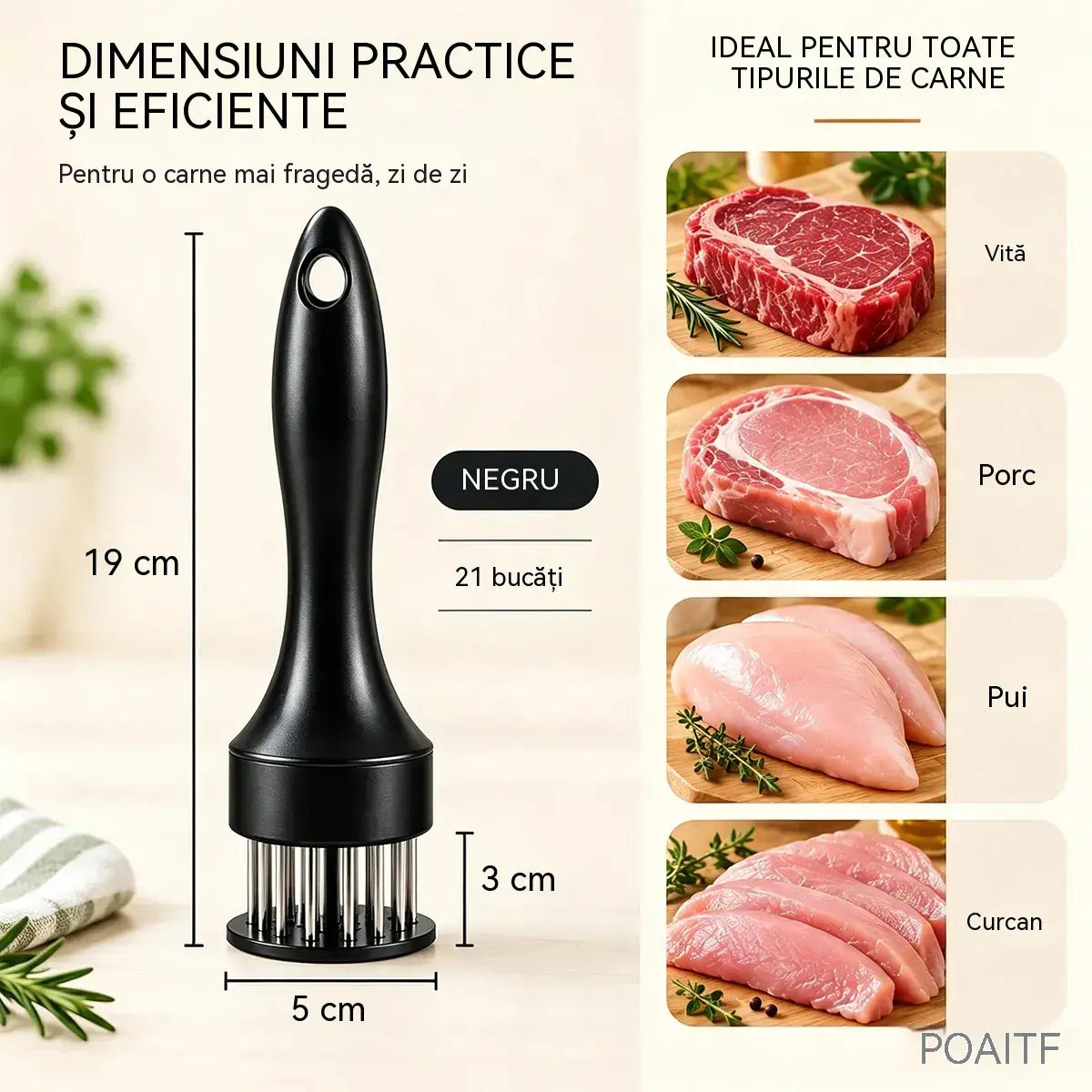 Frăgezitor de carne din oțel inoxidabil, cu 21 de ace, pentru friptură, grătar și gătit.