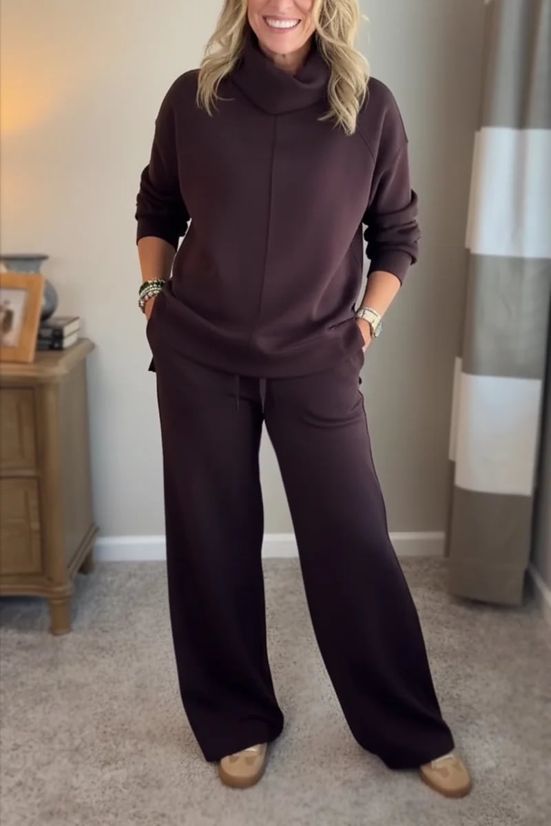 🍂🐏【Produs nou! Reducere de 50% timp limitat】Costum de două piese pentru femei, inclusiv bluză cu guler înalt și pantaloni de relaxare 🔥