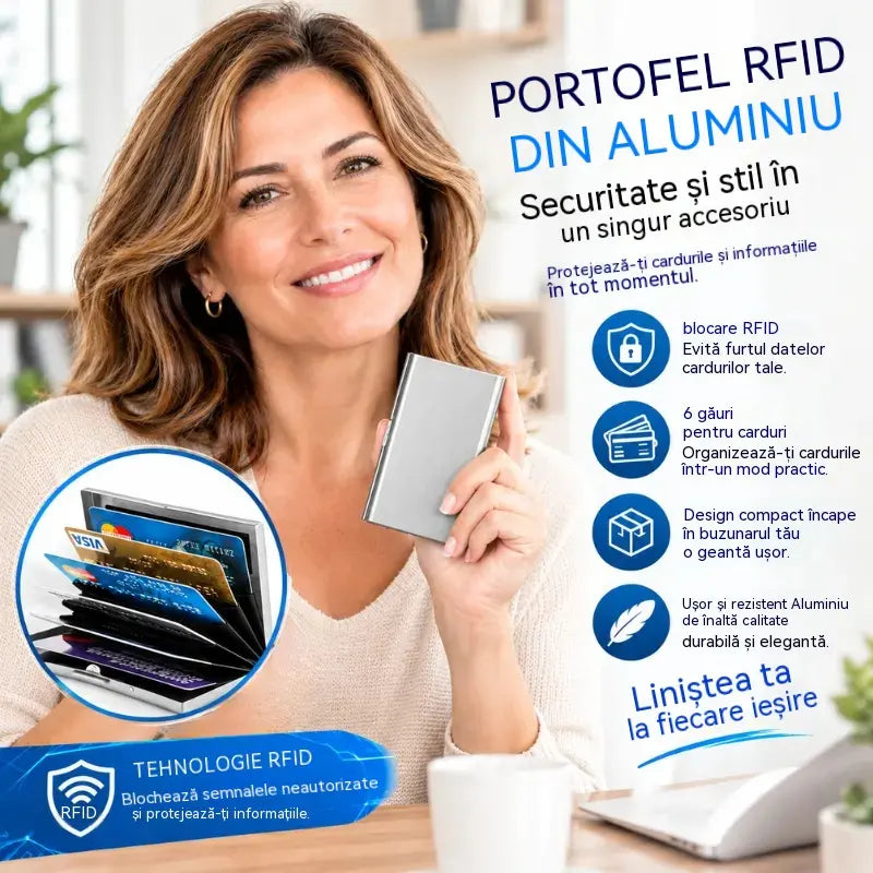 🛡️✨Portcard metalic din oțel inoxidabil cu protecție RFID – Portofel pentru carduri cu protecție împotriva demagnetizării, compact și portabil 💳