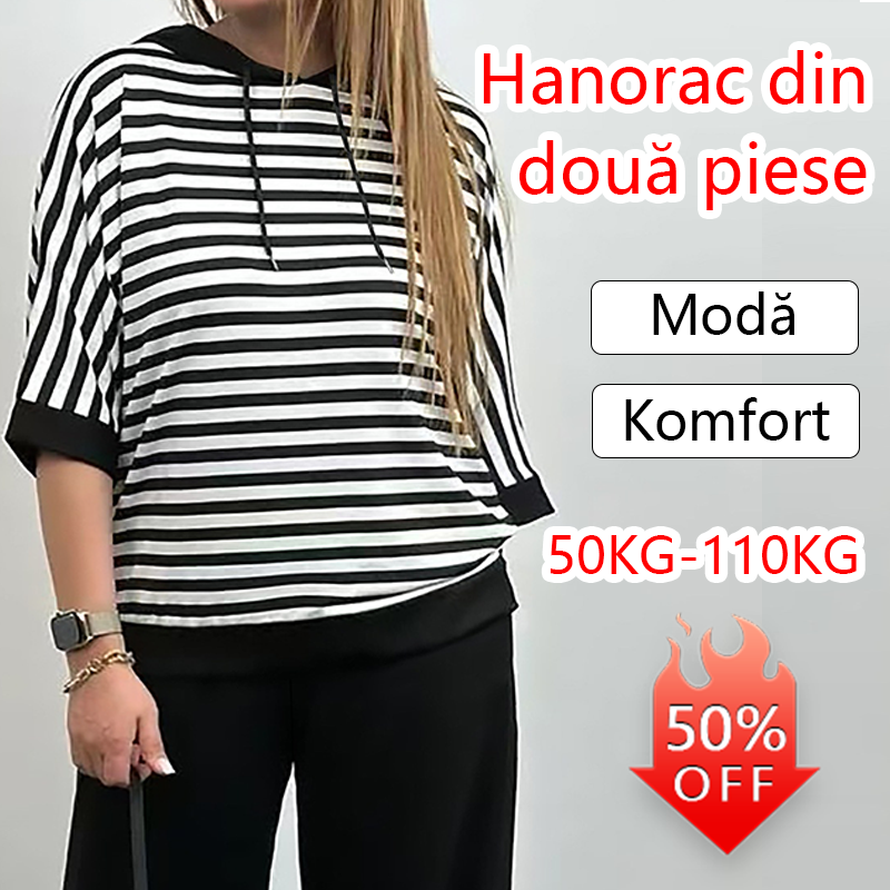 Costum de damă cu top cu dungi și pantaloni de culoare uni