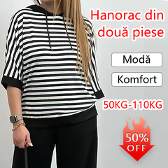 Costum de damă cu top cu dungi și pantaloni de culoare uni