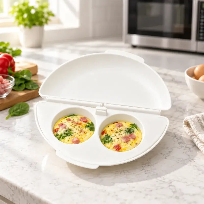 🍳Mic Dejun Perfect în Doar Câteva Minute! Formă pentru Omletă la Cuptorul cu Microunde 🥚 | 2 Compartimente · Material Antiaderent Alimentar · Balamale Detasabile pentru Curățare Ușoară · Preparare Rapidă Fără Ulei