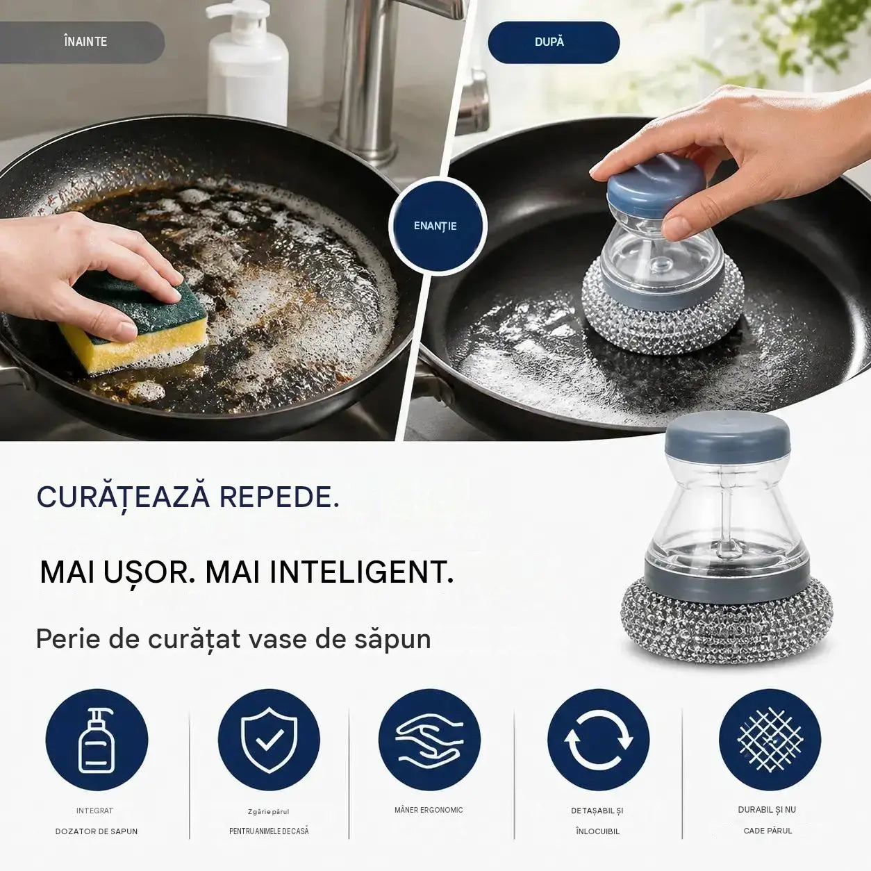 🧽Perie de frecat cu dozator, OFERTĂ LIMITATĂ! 💪 Ideală pentru oale, tigăi și vase. Curățare rapidă și ușoară, fără efort! 🍳