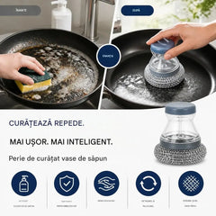 🧽Perie de frecat cu dozator, OFERTĂ LIMITATĂ! 💪 Ideală pentru oale, tigăi și vase. Curățare rapidă și ușoară, fără efort! 🍳