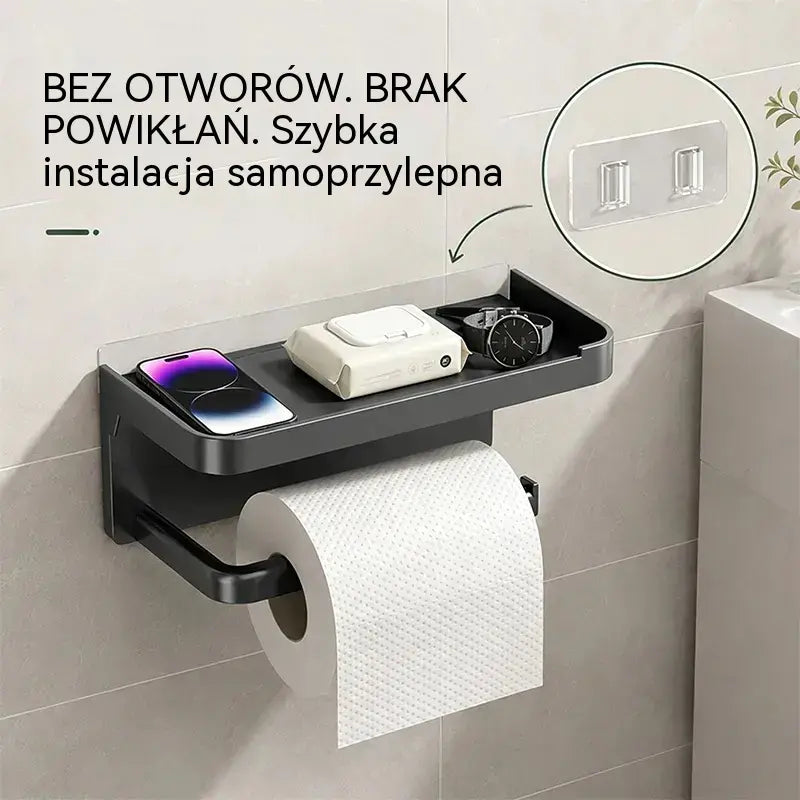 Suport de hârtie igienică montat pe perete cu accesorii, bază solidă, raft modern pentru baie, ușor de instalat, poate ține telefoane mobile și alte obiecte.