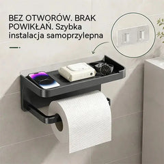 Suport de hârtie igienică montat pe perete cu accesorii, bază solidă, raft modern pentru baie, ușor de instalat, poate ține telefoane mobile și alte obiecte.