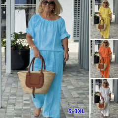 👑💃Set vară 2026, croială lejeră din bumbac și in 【Bluză cu guler rotund și șnur + pantaloni】