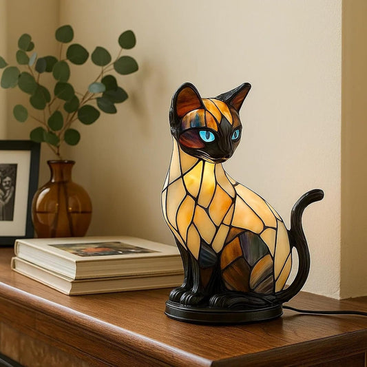 🐱Lampă de masă în formă de pisică, lumină de noapte retro, realizată din rășină colorată cu model de pisică