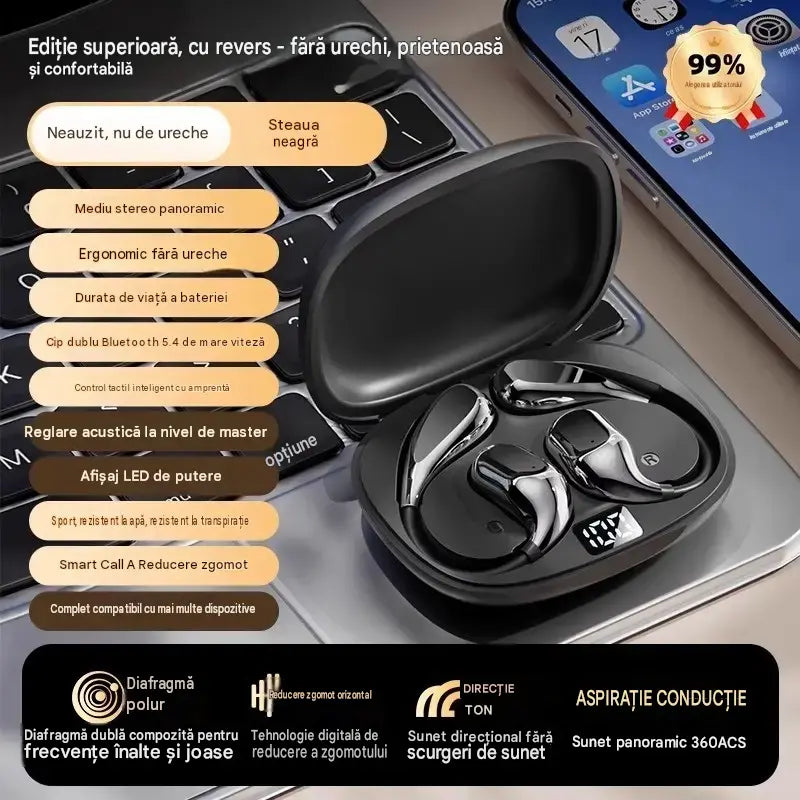 🔋Căști Bluetooth wireless fără ureche încorporată, cu cârlig pentru ureche și conducție osoasă🎙️🎧