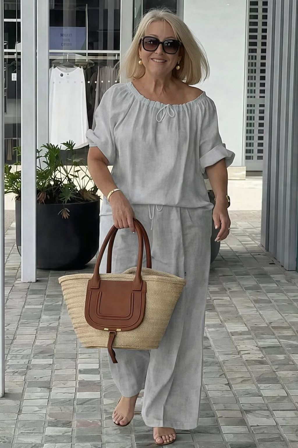 👑💃Set vară 2026, croială lejeră din bumbac și in 【Bluză cu guler rotund și șnur + pantaloni】