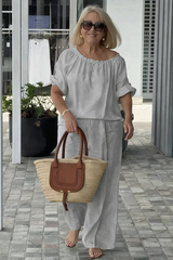 👑💃Set vară 2026, croială lejeră din bumbac și in 【Bluză cu guler rotund și șnur + pantaloni】