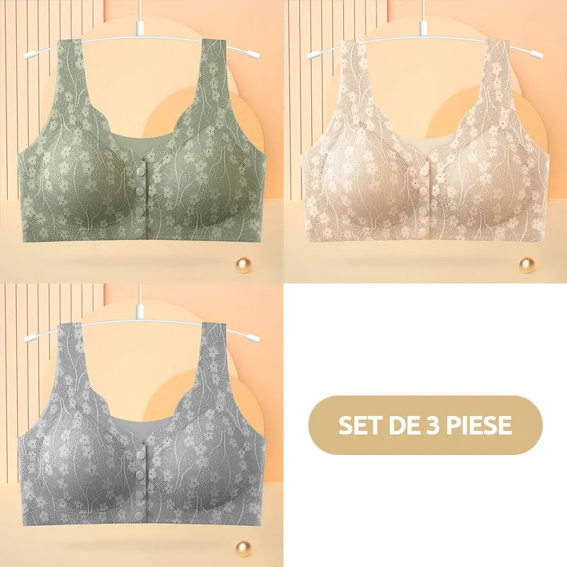 😍【Set 3 piese】 ❤️【40-100 kg】👙Sutien superb din dantelă pentru femei, cu închidere frontală, fără armătură
