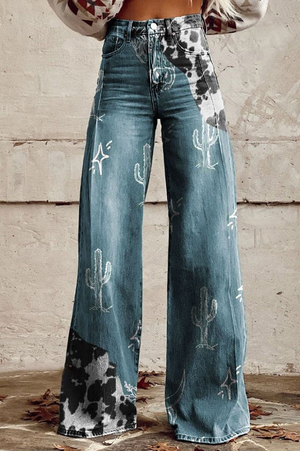 2026 Pantaloni din denim albastru cu talie înaltă și croi larg, cusături goale din dantelă [40kg-120kg]
