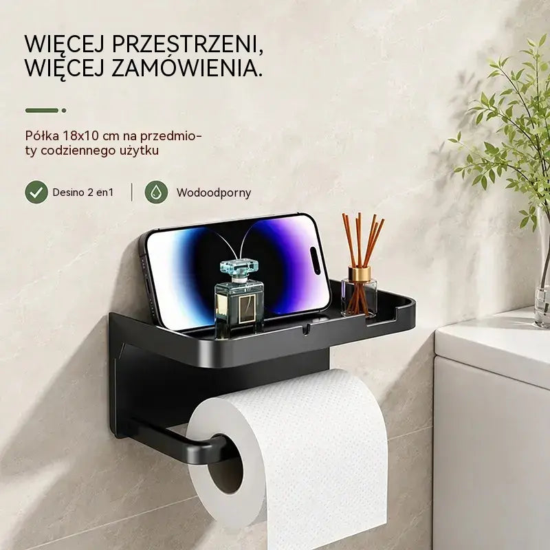 Suport de hârtie igienică montat pe perete cu accesorii, bază solidă, raft modern pentru baie, ușor de instalat, poate ține telefoane mobile și alte obiecte.