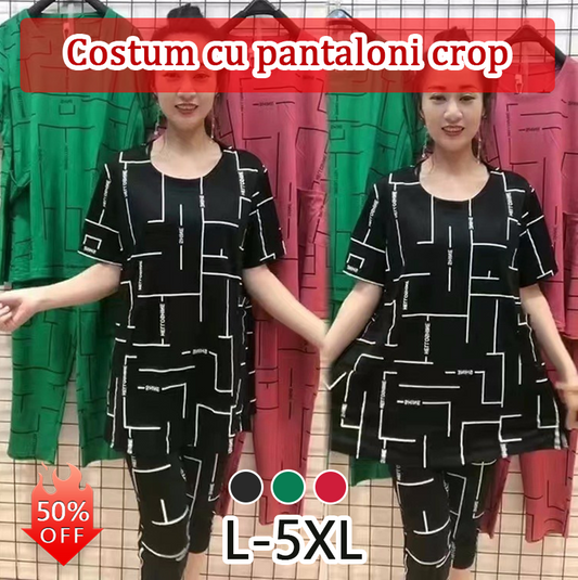 【Top + Pantaloni】🔥Costum de femeie cu mânecă scurtă, stil nou 2026, lejer, pentru femei de vârstă mijlocie și în vârstă