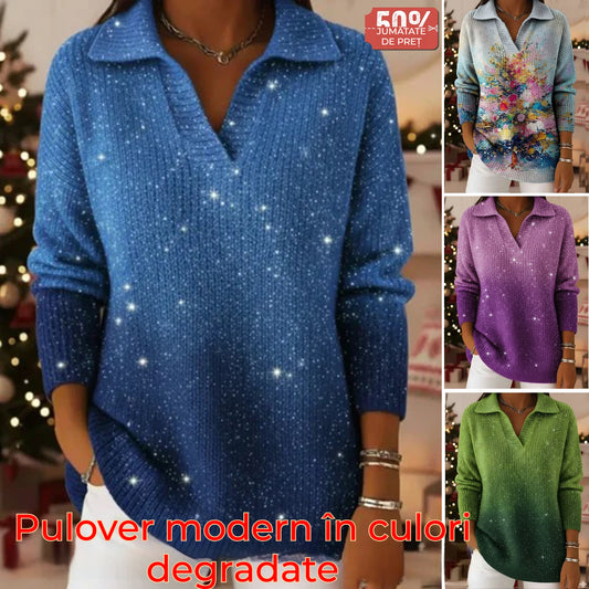 🔥✨【Vânzare fierbinte】【S-5XL】Pulover tricotat nou, la modă și visător, cu model degradé cer înstelat