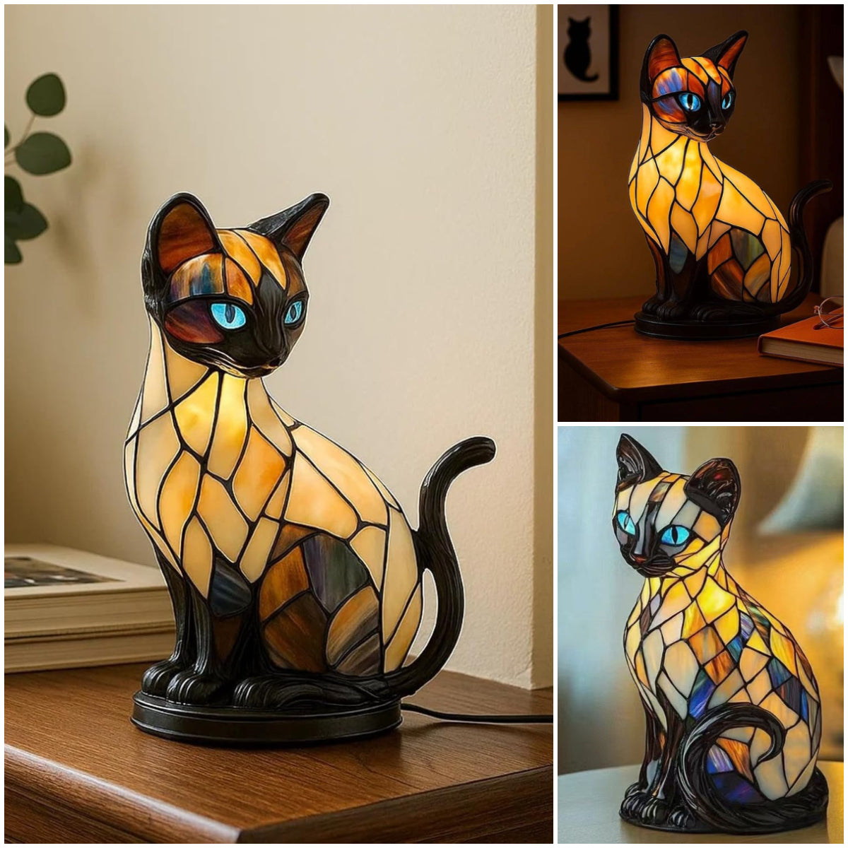 🐱Lampă de masă în formă de pisică, lumină de noapte retro, realizată din rășină colorată cu model de pisică