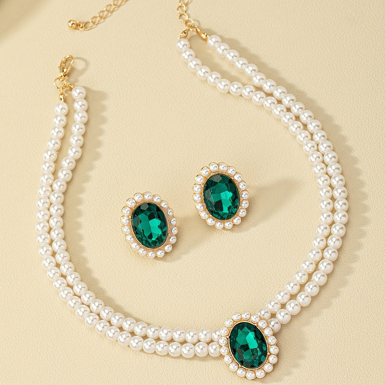 📿💎[Colier + cercei] Set cercei retro cu smarald și colier de perle
