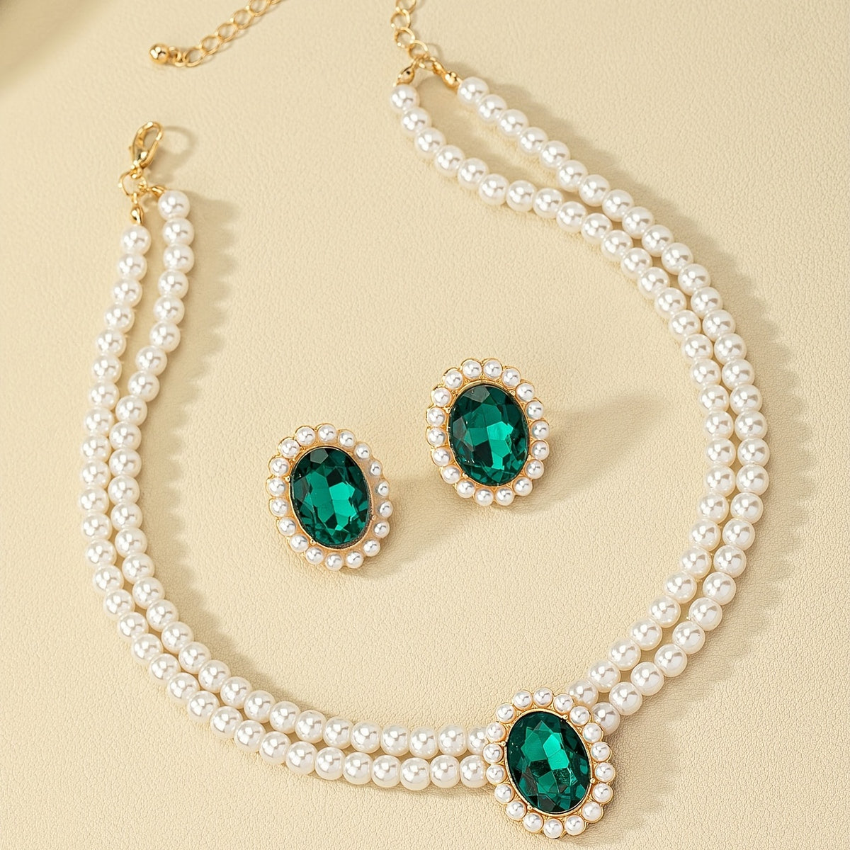 📿💎[Colier + cercei] Set cercei retro cu smarald și colier de perle