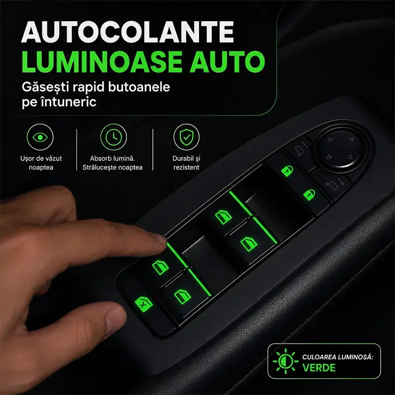 🚗💡✨Autocolante Fluorescente/Fotoluminiscente Universal pentru Butoane Auto – Vizibilitate Perfectă Noaptea, Instalare Rapidă și Fără Urme (Set 4 Piese / Pachet Combinat)