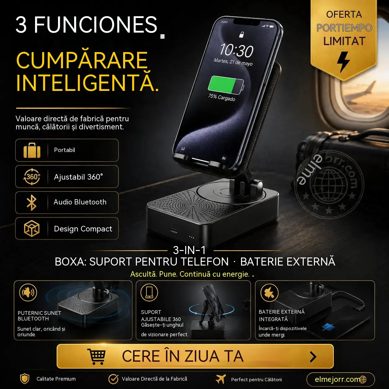 🔥3 în 1: Boxă Bluetooth + Încărcător + Suport telefon mobil cu rotire la 360° 📱🔊⚡