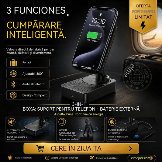 🔥3 în 1: Boxă Bluetooth + Încărcător + Suport telefon mobil cu rotire la 360° 📱🔊⚡