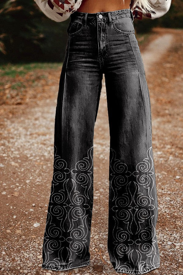 2026 Pantaloni din denim albastru cu talie înaltă și croi larg, cusături goale din dantelă [40kg-120kg]
