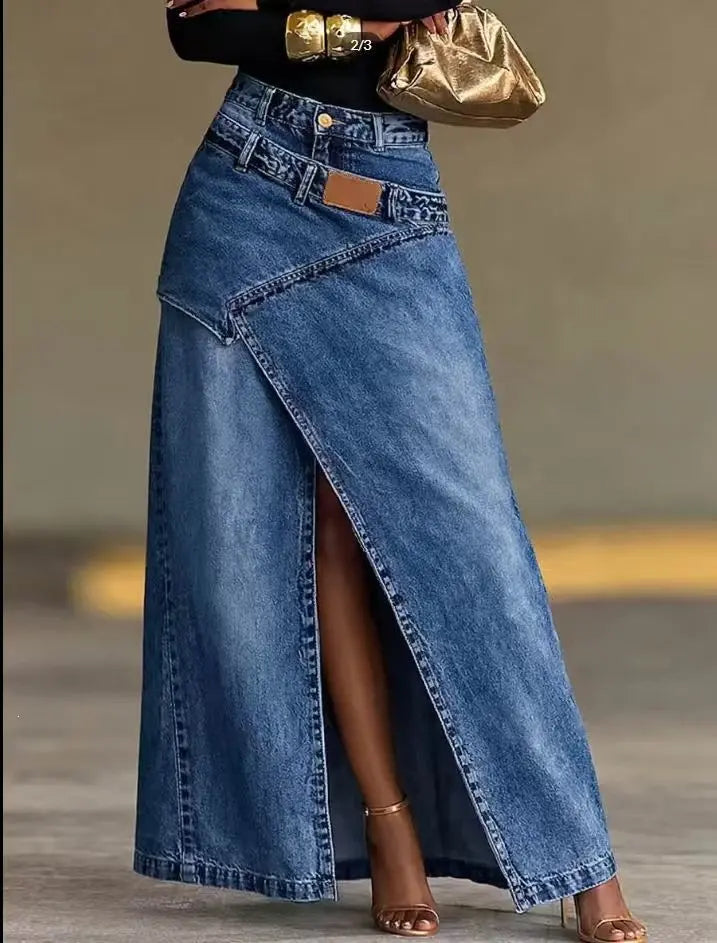 🥇【S-3XL】 Fustă maxi din denim pentru femei, cu curea stratificată; croială lejeră, design modern.