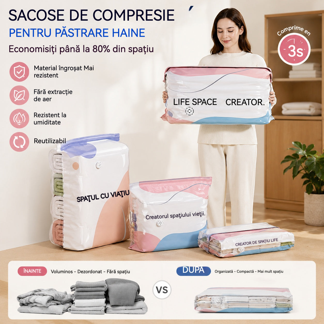 【Set 5 piese】Pungi de vidat haine fără pompă, design ranforsat pentru depozitare