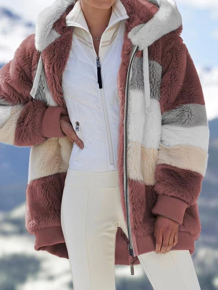 🔥Ofertă limitată, beneficiază de o reducere de 50%!💥☃️❄️Jachetă nouă din fleece groasă pentru femei, cu design în dungi și blocuri de culoare