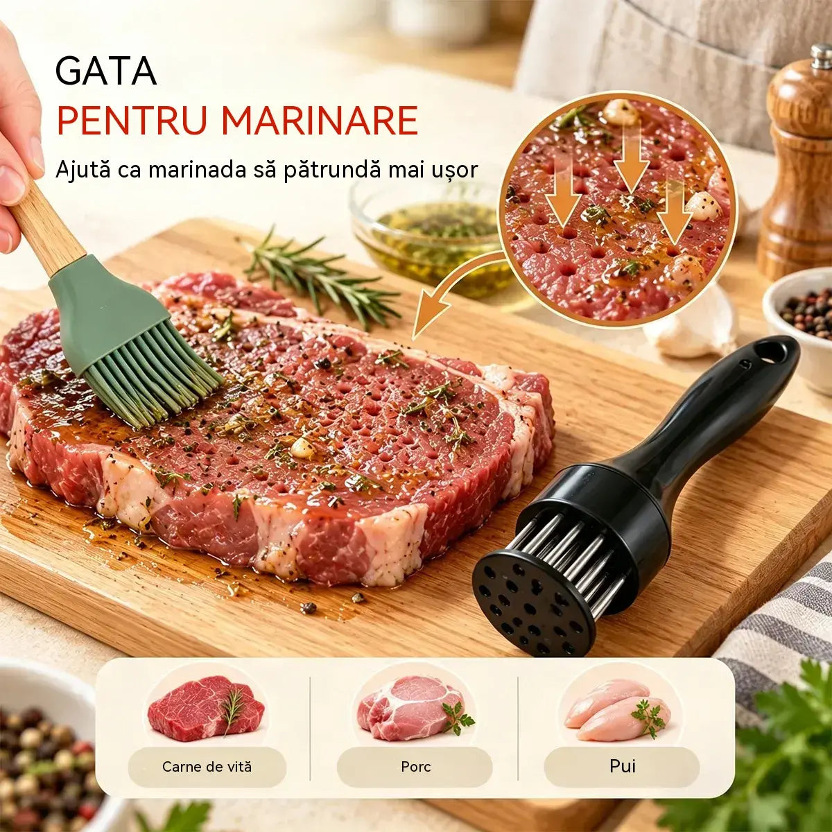Frăgezitor de carne din oțel inoxidabil, cu 21 de ace, pentru friptură, grătar și gătit.