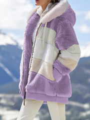 🔥Ofertă limitată, beneficiază de o reducere de 50%!💥☃️❄️Jachetă nouă din fleece groasă pentru femei, cu design în dungi și blocuri de culoare