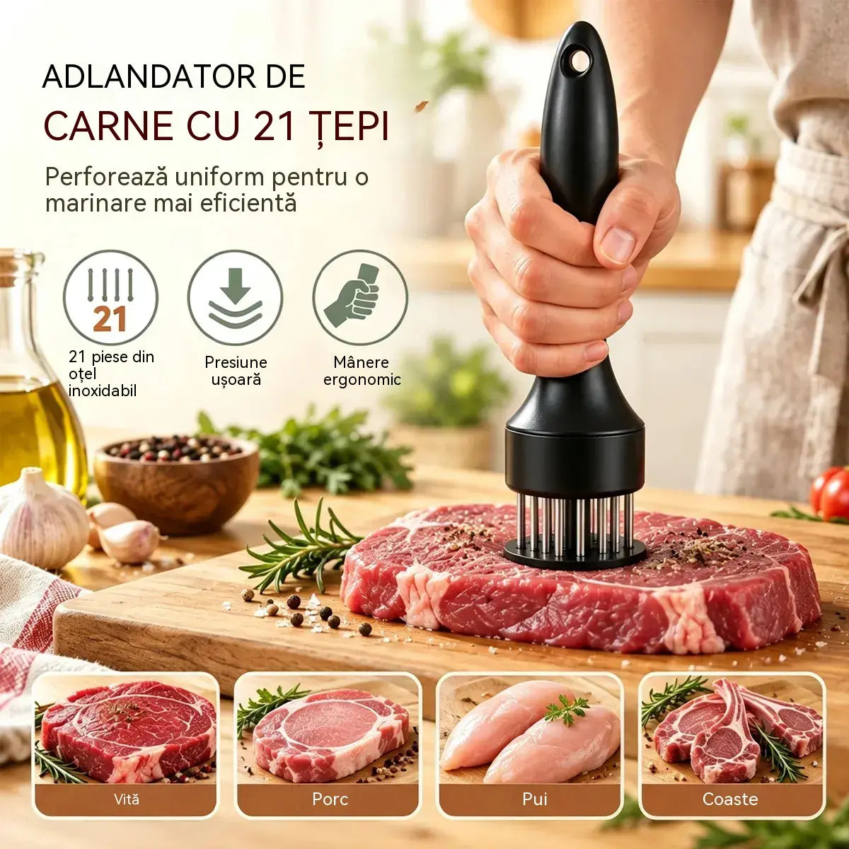 Frăgezitor de carne din oțel inoxidabil, cu 21 de ace, pentru friptură, grătar și gătit.